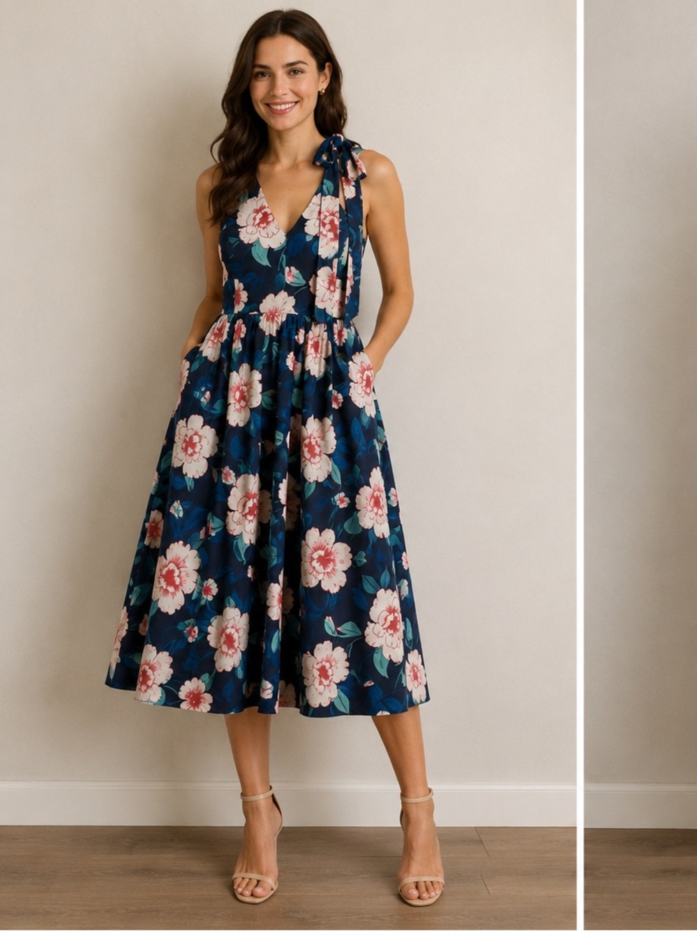 Eliza J Floral Midi Dress Size 4 Navy Pink Fit Flare Tie Neck Keyhole Back